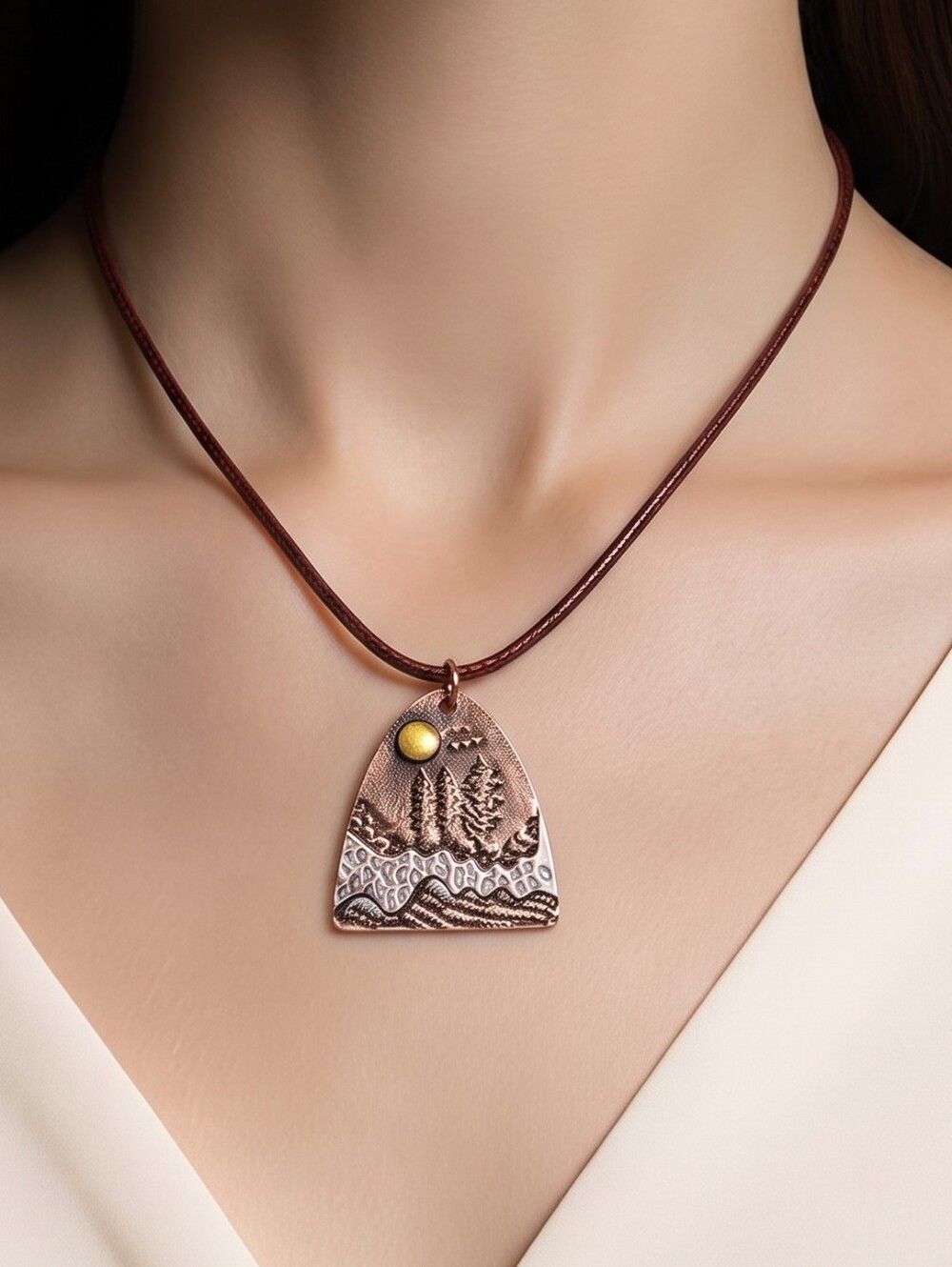 Mountain Forest Copper Pendant Necklace – Engraved Landscape Outdoorsy Charm